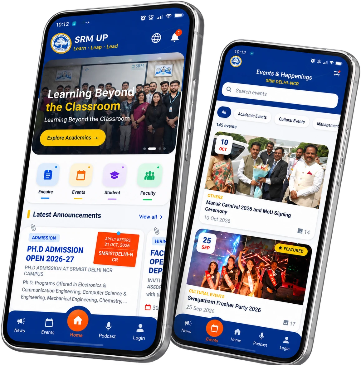 SRM UP Android app: home screen and events screen